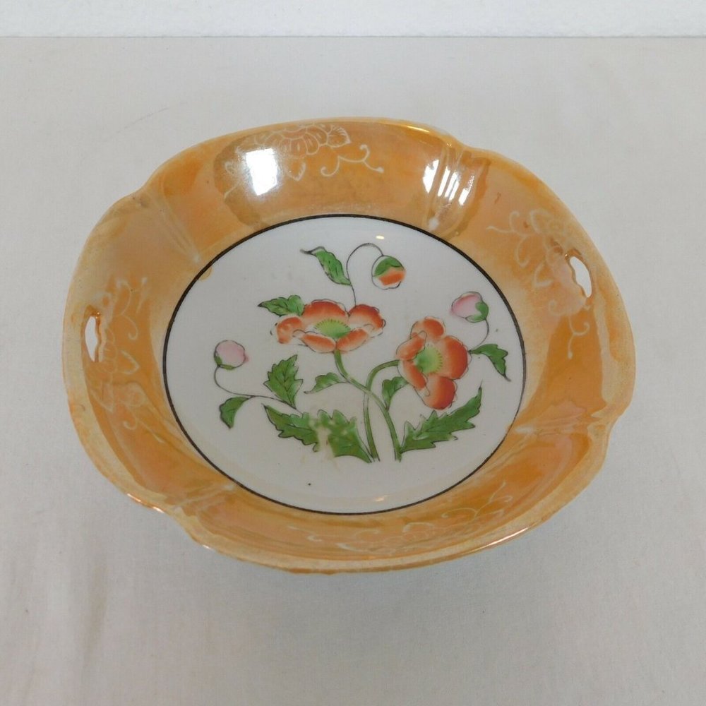 Peach Glaze Lusterware Reticulated Pierced Bowl Red Flower 7.25" dia Made Japan
